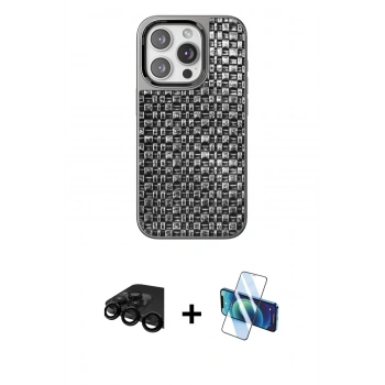 MARSİLYAN™- iPhone 15 Pro Kılıf Siluet Form Serisi - Siyah 3D Antistatik Seramik Nano Ekran Koruyucu + Raze Metal Kamera Lens - SH