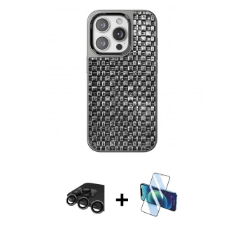 MARSİLYAN™- iPhone 15 Pro Kılıf Siluet Form Serisi - Siyah 3D Antistatik Seramik Nano Ekran Koruyucu + Raze Metal Kamera Lens - TMGI