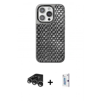 MARSİLYAN™- iPhone 15 Pro Kılıf Siluet Form Serisi - Siyah Bilvis 0.18mm Plus Cam Ekran Koruyucu + Raze Metal Kamera Lens - GS