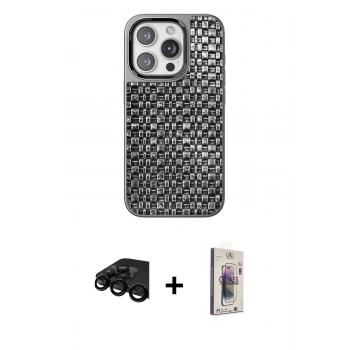 MARSİLYAN™- iPhone 15 Pro Kılıf Siluet Form Serisi - Siyah Bilvis 3D Cam Ekran Koruyucu + Raze Metal Kamera Lens - SH