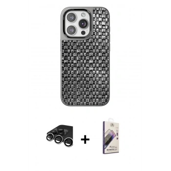 MARSİLYAN™- iPhone 15 Pro Kılıf Siluet Form Serisi - Siyah Bilvis 3D Mat Cam Ekran Koruyucu + Raze Metal Kamera Lens - GS
