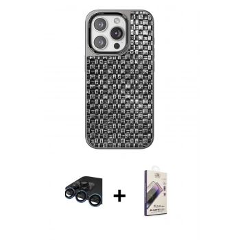 MARSİLYAN™- iPhone 15 Pro Kılıf Siluet Form Serisi - Siyah Bilvis 3D Mat Cam Ekran Koruyucu + Raze Metal Kamera Lens - LT