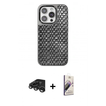 MARSİLYAN™- iPhone 15 Pro Kılıf Siluet Form Serisi - Siyah Bilvis 3D Mat Cam Ekran Koruyucu + Raze Metal Kamera Lens - TMGI