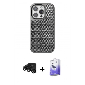 MARSİLYAN™- iPhone 15 Pro Kılıf Siluet Form Serisi - Siyah Bilvis 5in1 5D Magic Hayalet Cam Ekran Koruyucu + Raze Metal Kamera Lens - SH