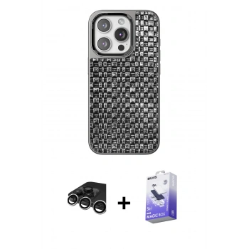 MARSİLYAN™- iPhone 15 Pro Kılıf Siluet Form Serisi - Siyah Bilvis 5in1 5D Magic Hayalet Cam Ekran Koruyucu + Raze Metal Kamera Lens - GS