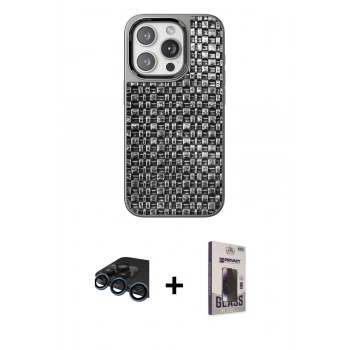MARSİLYAN™- iPhone 15 Pro Kılıf Siluet Form Serisi - Siyah Bilvis Hayalet Cam Ekran Koruyucu + Raze Metal Kamera Lens - LT