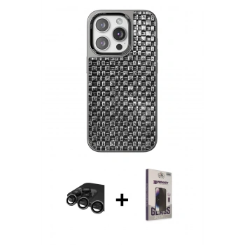 MARSİLYAN™- iPhone 15 Pro Kılıf Siluet Form Serisi - Siyah Bilvis Hayalet Cam Ekran Koruyucu + Raze Metal Kamera Lens - TMGI