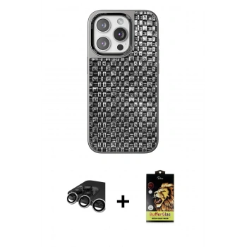 MARSİLYAN™- iPhone 15 Pro Kılıf Siluet Form Serisi - Siyah Buffer Cam Ekran Koruyucu + Raze Metal Kamera Lens - GS
