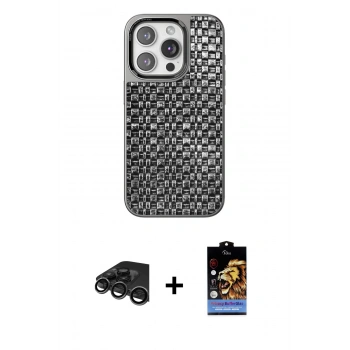 MARSİLYAN™- iPhone 15 Pro Kılıf Siluet Form Serisi - Siyah Buffer Hayalet Cam Ekran Koruyucu + Raze Metal Kamera Lens - TMGI