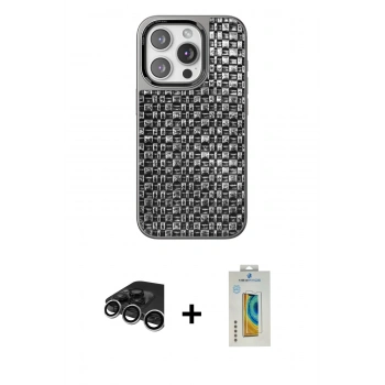 MARSİLYAN™- iPhone 15 Pro Kılıf Siluet Form Serisi - Siyah Polymer Nano Ekran Koruyucu + Raze Metal Kamera Lens - GS