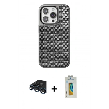 MARSİLYAN™- iPhone 15 Pro Kılıf Siluet Form Serisi - Siyah Polymer Nano Ekran Koruyucu + Raze Metal Kamera Lens - LT