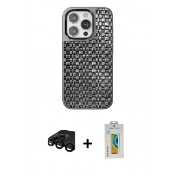 MARSİLYAN™- iPhone 15 Pro Kılıf Siluet Form Serisi - Siyah Polymer Nano Ekran Koruyucu + Raze Metal Kamera Lens - SH