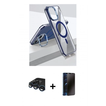 MARSİLYAN™- iPhone 15 Pro Kılıf Vadi Çizgi Özel Seri - Siyah 3D Antistatik Hayalet Cam Ekran Koruyucu + Raze Metal Kamera Lens - LT