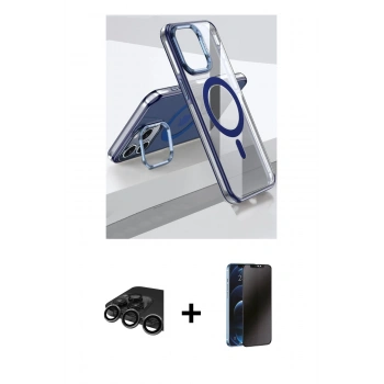 MARSİLYAN™- iPhone 15 Pro Kılıf Vadi Çizgi Özel Seri - Siyah 3D Antistatik Hayalet Cam Ekran Koruyucu + Raze Metal Kamera Lens - TMGI