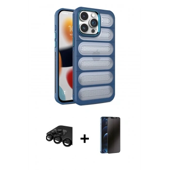 MARSİLYAN™- iPhone 15 Pro Kılıf Yadigar Doku Özel Seri - Siyah 3D Antistatik Hayalet Cam Ekran Koruyucu + Raze Metal Kamera Lens - SH