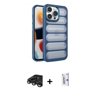 MARSİLYAN™- iPhone 15 Pro Kılıf Yadigar Doku Özel Seri - Siyah Bilvis 0.18mm Plus Cam Ekran Koruyucu + Raze Metal Kamera Lens - TMGI