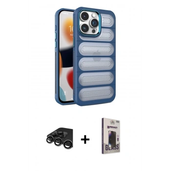 MARSİLYAN™- iPhone 15 Pro Kılıf Yadigar Doku Özel Seri - Siyah Bilvis Hayalet Cam Ekran Koruyucu + Raze Metal Kamera Lens - TMGI