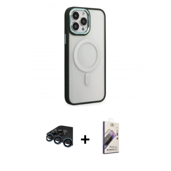 MARSİLYAN™- iPhone 15 Pro Kılıf Yankı Işık Özel Seri - Siyah Bilvis 3D Mat Cam Ekran Koruyucu + Raze Metal Kamera Lens - LT