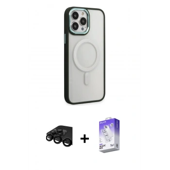 MARSİLYAN™- iPhone 15 Pro Kılıf Yankı Işık Özel Seri - Siyah Bilvis 5in1 3D Magic Cam Ekran Koruyucu + Raze Metal Kamera Lens - SH