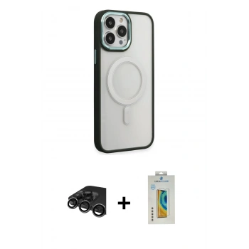 MARSİLYAN™- iPhone 15 Pro Kılıf Yankı Işık Özel Seri - Siyah Polymer Nano Ekran Koruyucu + Raze Metal Kamera Lens - TMGI