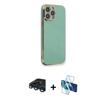 MARSİLYAN™- iPhone 15 Pro Kılıf Yankı Serisi - Siyah 3D Antistatik Cam Ekran Koruyucu + Raze Metal Kamera Lens - LT