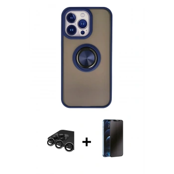 MARSİLYAN™- iPhone 15 Pro Kılıf Yörünge Çizgi - Siyah 3D Antistatik Hayalet Cam Ekran Koruyucu + Raze Metal Kamera Lens - TMGI
