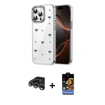 MARSİLYAN™- iPhone 15 Pro Kılıf Yörünge Form - Siyah Buffer Hayalet Cam Ekran Koruyucu + Raze Metal Kamera Lens - GS