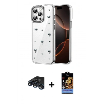 MARSİLYAN™- iPhone 15 Pro Kılıf Yörünge Form - Siyah Buffer Hayalet Cam Ekran Koruyucu + Raze Metal Kamera Lens - LT