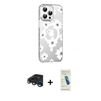 MARSİLYAN™- iPhone 15 Pro Kılıf Yörünge Işık Prime - Şeffaf Pasifik Cam Ekran Koruyucu + Raze Metal Kamera Lens - LT