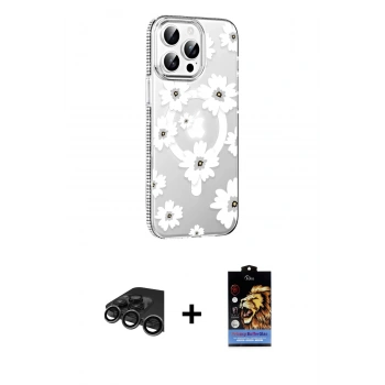 MARSİLYAN™- iPhone 15 Pro Kılıf Yörünge Işık Prime - Siyah Buffer Hayalet Cam Ekran Koruyucu + Raze Metal Kamera Lens - TMGI