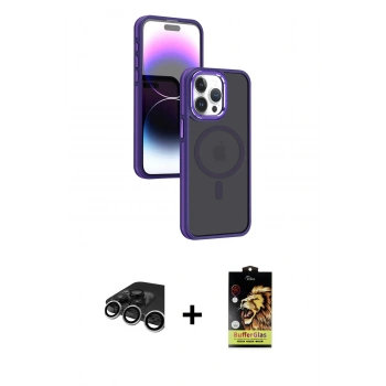 MARSİLYAN™- iPhone 15 Pro Kılıf Yörünge Klasik - Siyah Buffer Cam Ekran Koruyucu + Raze Metal Kamera Lens - GS