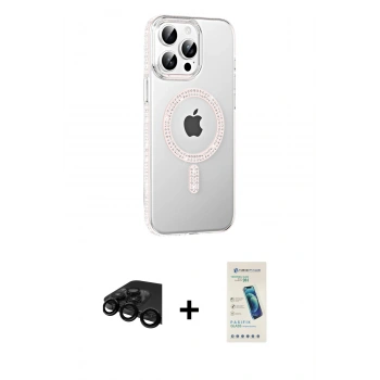 MARSİLYAN™- iPhone 15 Pro Kılıf Yörünge Koleksiyonu - Şeffaf Pasifik Cam Ekran Koruyucu + Raze Metal Kamera Lens - SH