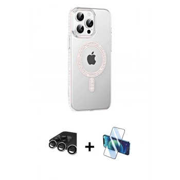 MARSİLYAN™- iPhone 15 Pro Kılıf Yörünge Koleksiyonu - Siyah 3D Antistatik Cam Ekran Koruyucu + Raze Metal Kamera Lens - GS