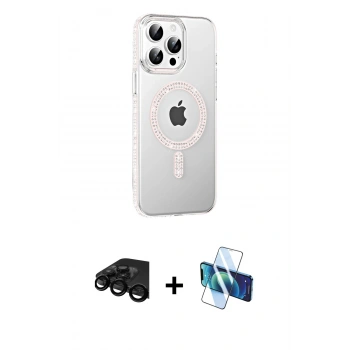 MARSİLYAN™- iPhone 15 Pro Kılıf Yörünge Koleksiyonu - Siyah 3D Antistatik Seramik Nano Ekran Koruyucu + Raze Metal Kamera Lens - SH