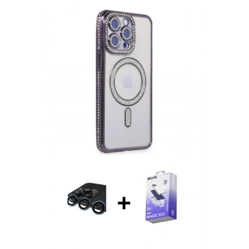 MARSİLYAN™- iPhone 15 Pro Kılıf Zirve Doku Prime - Siyah Bilvis 5in1 5D Magic Hayalet Cam Ekran Koruyucu + Raze Metal Kamera Lens - LT