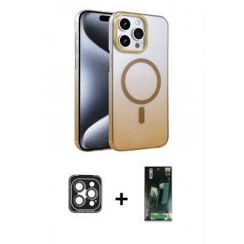 MARSİLYAN™- iPhone 15 Pro Max Kılıf Ahenk Doku Özel Seri - Şeffaf 360 Full Body Arka Koruyucu + PVD Metal Kamera Lens - GI