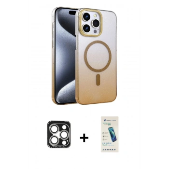 MARSİLYAN™- iPhone 15 Pro Max Kılıf Ahenk Doku Özel Seri - Şeffaf Pasifik Cam Ekran Koruyucu + PVD Metal Kamera Lens - GS