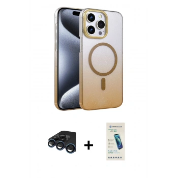 MARSİLYAN™- iPhone 15 Pro Max Kılıf Ahenk Doku Özel Seri - Şeffaf Pasifik Cam Ekran Koruyucu + Raze Metal Kamera Lens - LT