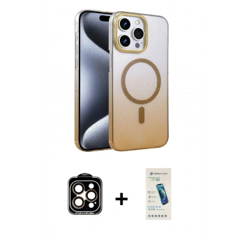 MARSİLYAN™- iPhone 15 Pro Max Kılıf Ahenk Doku Özel Seri - Şeffaf Pasifik Cam Ekran Koruyucu + PVD Metal Kamera Lens - TU