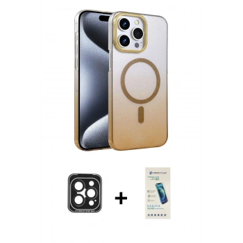 MARSİLYAN™- iPhone 15 Pro Max Kılıf Ahenk Doku Özel Seri - Şeffaf Pasifik Cam Ekran Koruyucu + PVD Metal Kamera Lens - SH