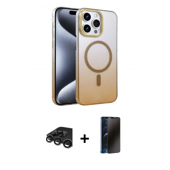 MARSİLYAN™- iPhone 15 Pro Max Kılıf Ahenk Doku Özel Seri - Siyah 3D Antistatik Hayalet Cam Ekran Koruyucu + Raze Metal Kamera Lens - TMGI