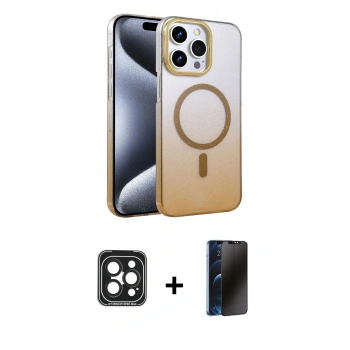 MARSİLYAN™- iPhone 15 Pro Max Kılıf Ahenk Doku Özel Seri - Siyah 3D Antistatik Hayalet Cam Ekran Koruyucu + PVD Metal Kamera Lens - SH