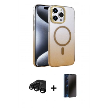 MARSİLYAN™- iPhone 15 Pro Max Kılıf Ahenk Doku Özel Seri - Siyah 3D Antistatik Hayalet Cam Ekran Koruyucu + Raze Metal Kamera Lens - SH