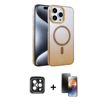MARSİLYAN™- iPhone 15 Pro Max Kılıf Ahenk Doku Özel Seri - Siyah 3D Antistatik Mat Seramik Nano Ekran Koruyucu + PVD Metal Kamera Lens - SH