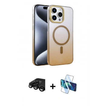 MARSİLYAN™- iPhone 15 Pro Max Kılıf Ahenk Doku Özel Seri - Siyah 3D Antistatik Seramik Nano Ekran Koruyucu + Raze Metal Kamera Lens - SH