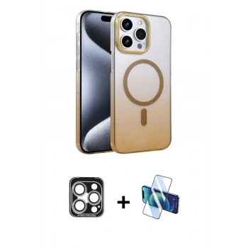 MARSİLYAN™- iPhone 15 Pro Max Kılıf Ahenk Doku Özel Seri - Siyah 3D Antistatik Seramik Nano Ekran Koruyucu + PVD Metal Kamera Lens - GS