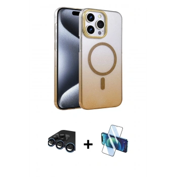 MARSİLYAN™- iPhone 15 Pro Max Kılıf Ahenk Doku Özel Seri - Siyah 3D Antistatik Seramik Nano Ekran Koruyucu + Raze Metal Kamera Lens - LT