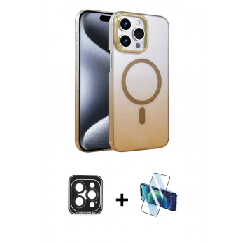 MARSİLYAN™- iPhone 15 Pro Max Kılıf Ahenk Doku Özel Seri - Siyah 3D Antistatik Seramik Nano Ekran Koruyucu + PVD Metal Kamera Lens - SH