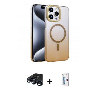 MARSİLYAN™- iPhone 15 Pro Max Kılıf Ahenk Doku Özel Seri - Siyah Bilvis 0.18mm Plus Cam Ekran Koruyucu + Raze Metal Kamera Lens - LT