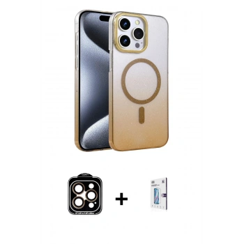 MARSİLYAN™- iPhone 15 Pro Max Kılıf Ahenk Doku Özel Seri - Siyah Bilvis 0.18mm Plus Cam Ekran Koruyucu + PVD Metal Kamera Lens - TU